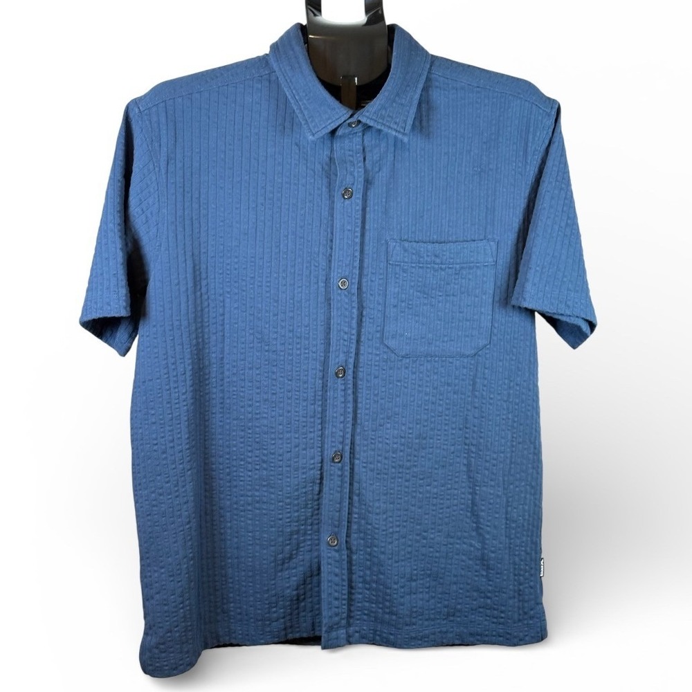 Eddie Bauer Mens Short Sleeve Button Down Knit Shirt Dusk Blue‎ Textured Size M